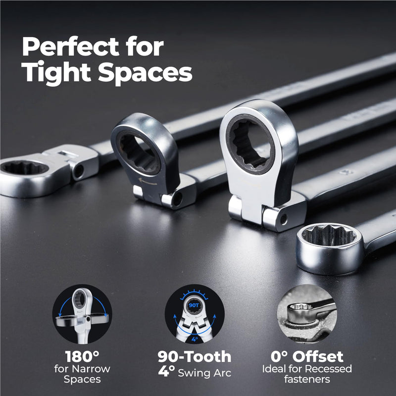 toolant Extra Long Ratcheting Wrench, Flex Head & Fixed Offset Head Double Box End Combination Wrench, CR-V Steel, Metric 24mm 24 mm