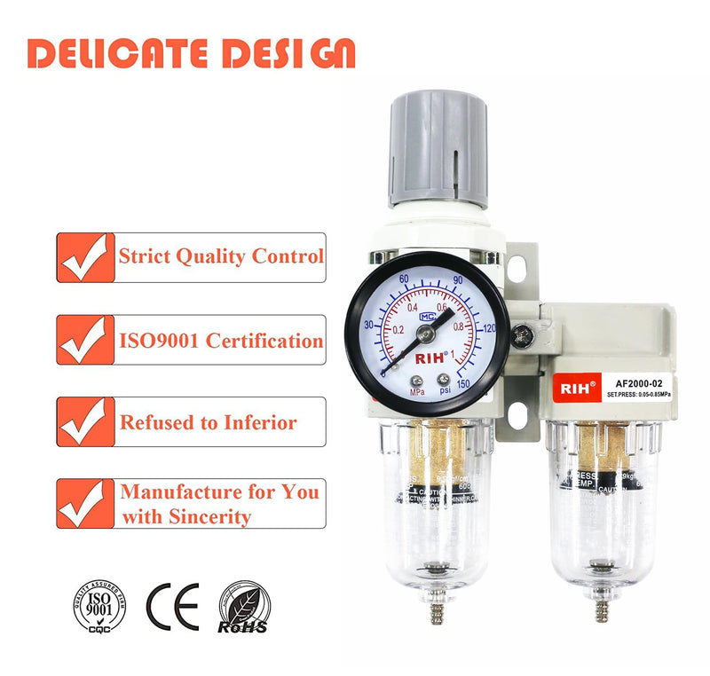 [Australia - AusPower] - RIH Air Dryer System -1/4" NPT Double Air Filters-5 Micron Particulate Filter& Air Pressure Regulator - Gauge(0-150 psi), Semi-Auto Drain, Poly Bowl,Bracket - 3 in 1 Two Unit (1/4" NPT) 1/4" NPT 