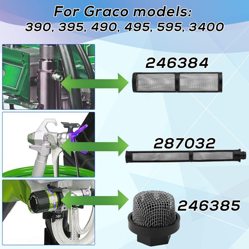 [Australia - AusPower] - Pack of 12 246385 287032 246384 Filter Set Replacement for Graco, Spray Gun Filter, Suction Pipe Filter, Strainer, Pump Distributor Filter, Strainer, Compatible with Graco 390 395 490 495 495 595 3400 