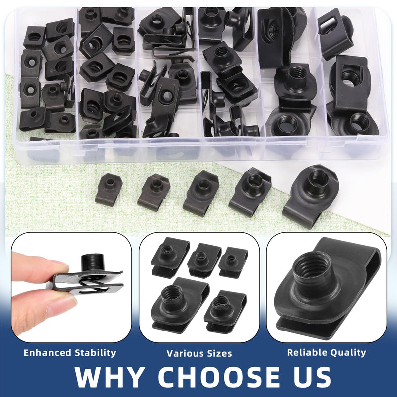 [Australia - AusPower] - Glarks 50pcs M4 M5 M6 M8 M10 U-Style Clip-On Nuts Set, Black Carbon Steel Thread Clip Nut, U Nuts Clamp Set, U-Shaped Nut, Automotive U-Clips for Engine, Fender, Bumper, Dash, Interior Trim Panels 