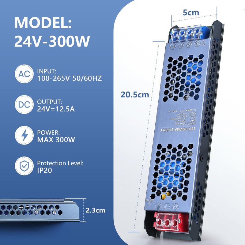 [Australia - AusPower] - Ultra Slim LED Transformer outputs 24V DC, 12.5A at 100-265V AC - Quiet Constant Voltage Led Driver for Led Strip Lights 24V 300W 