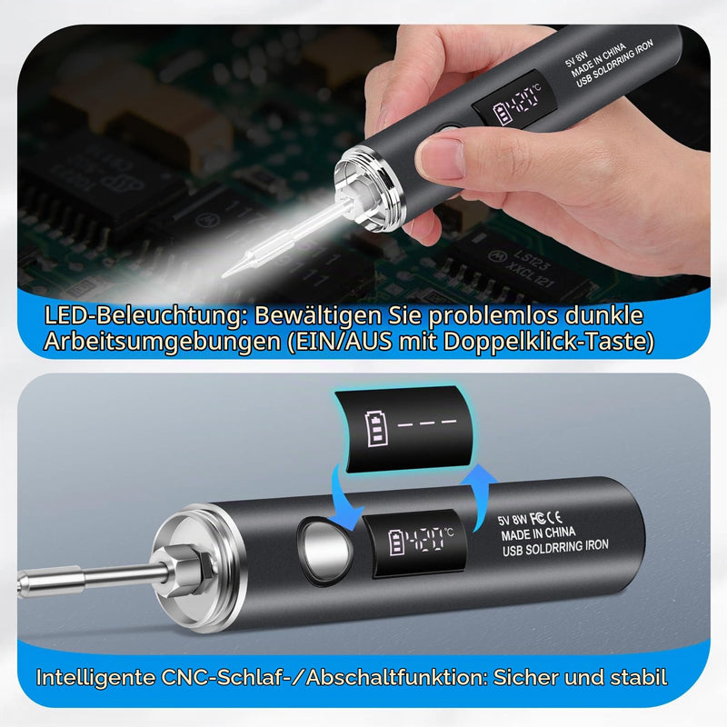 diymore Battery Soldering Iron Set, USB Wireless Soldering Iron, 5 Gears Temperature Adjustable 260 °C - 420 °C, 3 Soldering Tips, Soldering Iron Battery for Repair of Welding 10 W (1400 mAh)