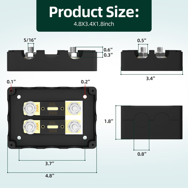[Australia - AusPower] - ANL Fuse Holder with 2Pcs 300 Amp ANL Fuse, Max 1000A Waterproof 4 x 5/16"(M8) Studs Heavy Duty Dual Fuse Holder with 400 Amp and 500 Amp ANL Fuses for Marine Automotive Car Truck Boat 1 in 2 Out 