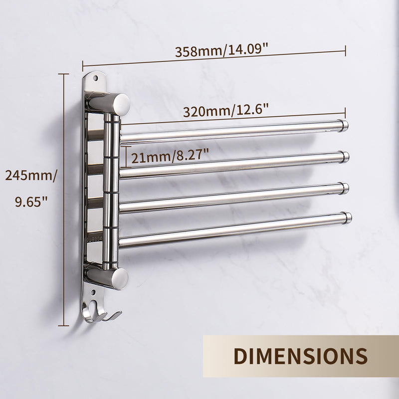 Swivel Towel Rack, 14" Thicken 304 Stainless Steel 4-Arm Adjustable Towel Bar,Wall Mounted Towel Holder with Hook, Space Saving for Kitchen, Bathroom, Outdoor (Silver, 4 Arms) Silver 4-arms