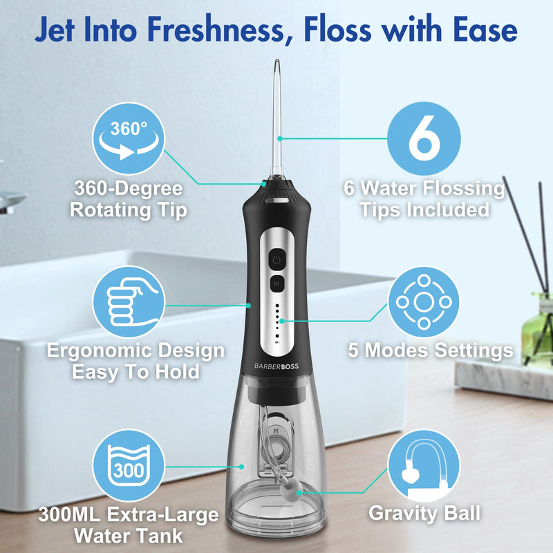 BarberBoss Wireless Oral Irrigator for Teeth and Gums, Rechargeable Oral Irrigator, 5 Cleaning Modes, 6 Nozzles and LED Display, IPX7 Waterproof Dental Floss Set (Black)