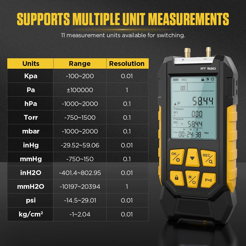[Australia - AusPower] - PT520 Digital Manometer,Air and Gas Pressure Tester,Dual Port Air Pressure Meter,HVAC Gas Pressure Tester with 11 Selectable Units, Various Adapters, -100~200 Kpa 
