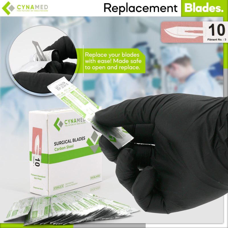 [Australia - AusPower] - Cynamed 3-Piece Professional Dermaplaning Tool Kit - Stainless Steel Scalpel Handle 3, Blade Remover, 100 Surgical Dermaplane Blades - Skin Exfoliation & Vellus Hair Removal - Dermatologist Supplies 