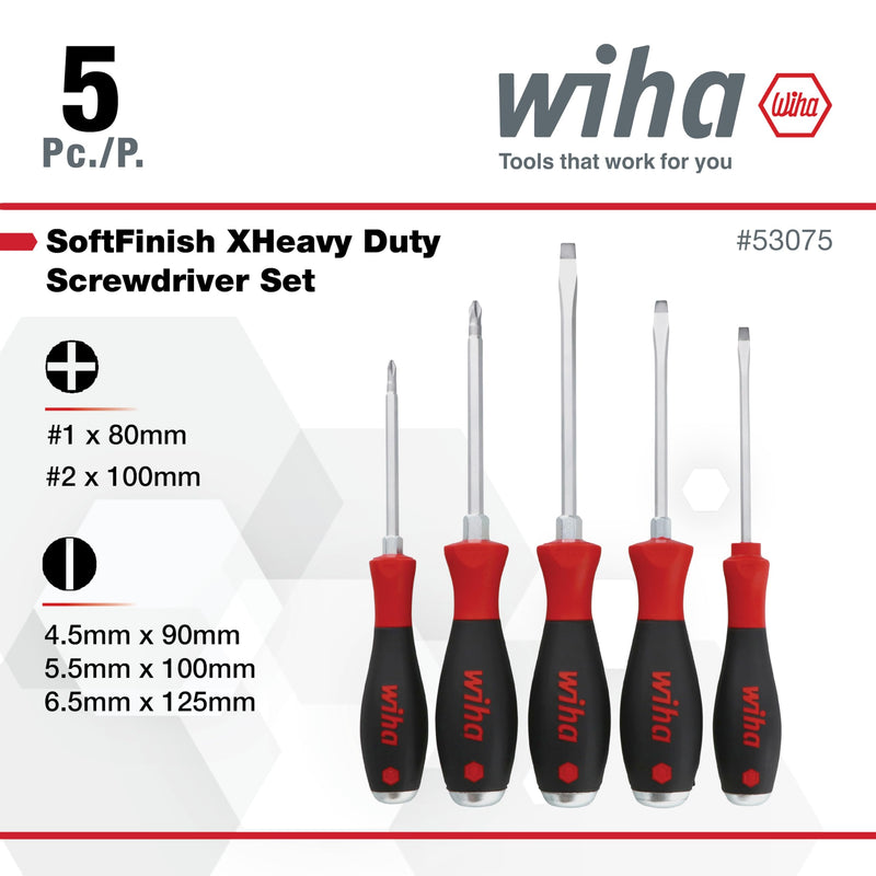 Wiha 53075 5-Piece Slotted and Phillips Extra Heavy Duty Screwdrivers Slotted & Phillips Set, 5 Piece