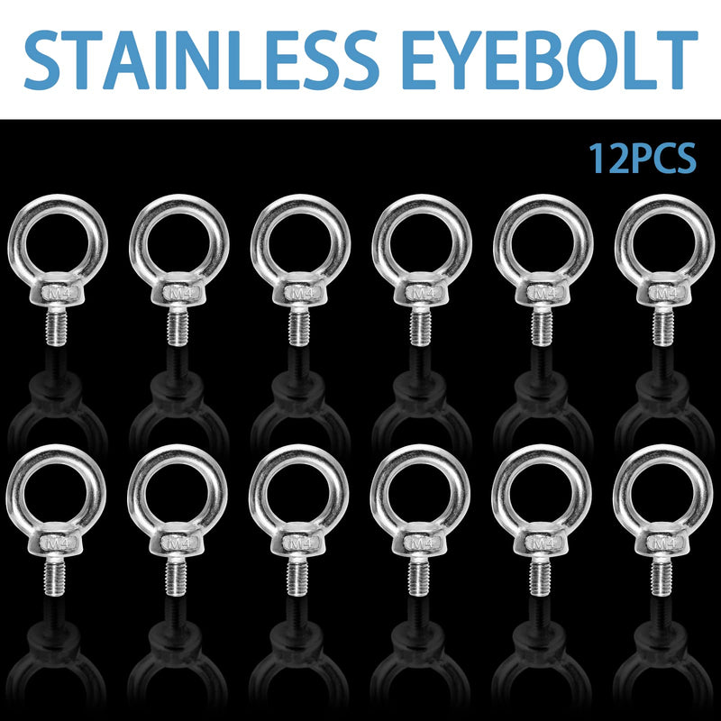 [Australia - AusPower] - 12pcs M4 Eye Bolt, Stainless Steel Male Thread Machinery Shoulder Lifting Ring Eye Bolt, Heavy Duty Screw Eyebolt M4-12pcs 