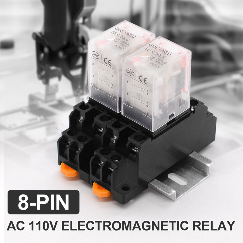 [Australia - AusPower] - 2 Pcs Electromagnetic Power Relays, Red Indicator Light, 8-Pin DPDT 10 A 110 VAC Relay with Plug-in Terminal Socket, DIN Rail Mounted, CQC, CE (EE-L2CLG) 8-Pin 110 VAC 