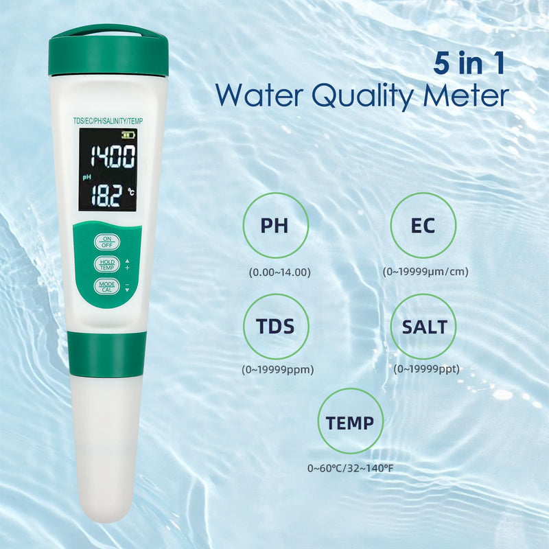 [Australia - AusPower] - 5-in-1 Digital pH Meter, Highly Accurate Water Quality Tester with Backlight Screen, pH/EC/TDS/Salinity/Temp Meter, 0.01 Resolution pH Tester, TDS Meter for Drinking Water, Pool, Aquarium 