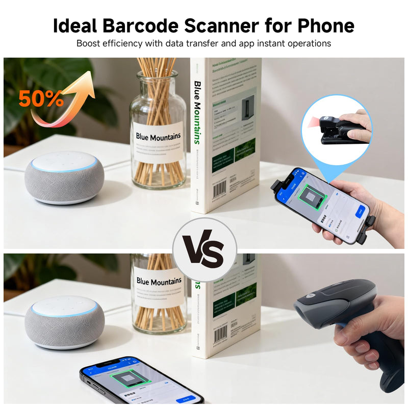Sumicor Back Clip Bluetooth Barcode Scanner, 3 in 1 Bluetooth5.2 & 2.4G Wireless & USB Wired Portable Mini Barcode Reader Compatible with 4.7"-6.6" iPhone, Android Smartphone