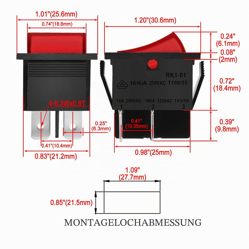 Heschen Rocker Switch ON-OFF DPST 4 Terminals Red Light 16A 250VAC with Waterproof Cover 1
