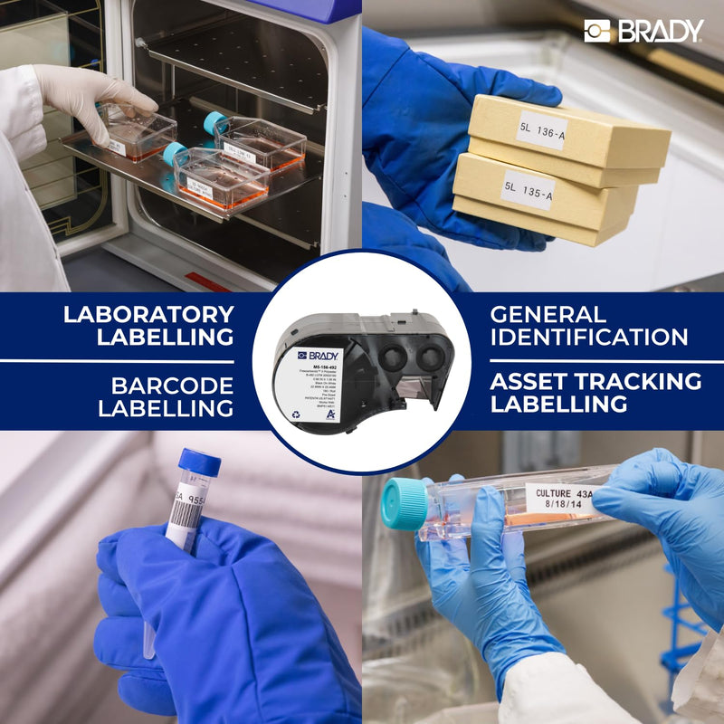 Brady Authentic (M5-117-492) FreezerBondz™ Ultra-Thin Cryogenic Polyester LBL 0.5 x 0.9 x 0.44Dia Black on White, 240 Labels. for use with the BMP51 and M511 Label Printers 22,86 mm (W) x 12,70 mm (H) x 11,18 mm (Dia)