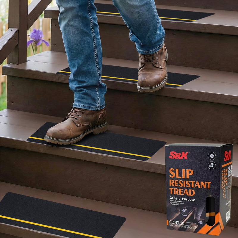 S&X 10-Pack Outdoor Stair Treads Non Slip - Pre-Cut Anti Slip Tape 6” x 24” - Reflective Non Skid Grip Tape for Stairs, Steps, Decks, Ramps 6" x 24" Reflective/Black