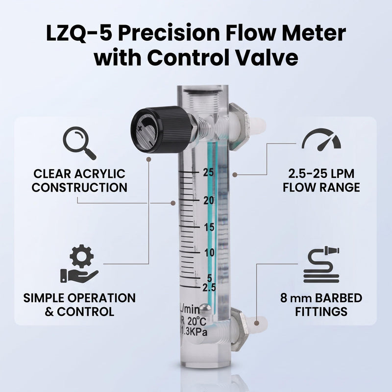 Wakects Gas Flow Meter, LZQ-5 Flow Meter 2.5-25LPM Flow Meter with Control Valve for Oxygen/Air/Gas