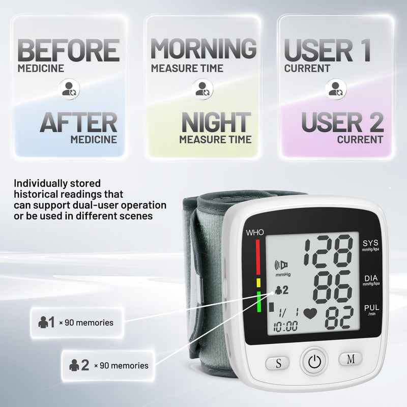 [Australia - AusPower] - Blood Pressure Monitor Digital Wrist BP Machine Automatic BP Cuff with 2 Users 180 Memory Voice Large LCD Display Adjustable Cuff USB Charging Carrying Case Black+white 