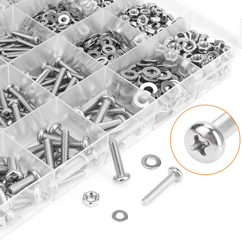 [Australia - AusPower] - 1280 Pieces M2 M2.5 M3 M4 304 Stainless Steel Phillips Pan Head Machine Screws, Metric Screws Bolts Washers Nuts Kit, 304 Stainless Steel 