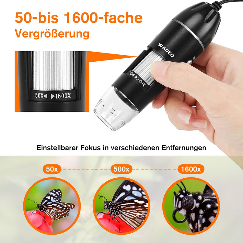 WADEO Digital Microscope, USB Microscope 1440P HD with 50X-1600X Magnification, Portable Inspection Camera, WiFi-Free, Wired Handheld Microscope with 8 LEDs and Stand, iOS, Android and Tablets Compatible