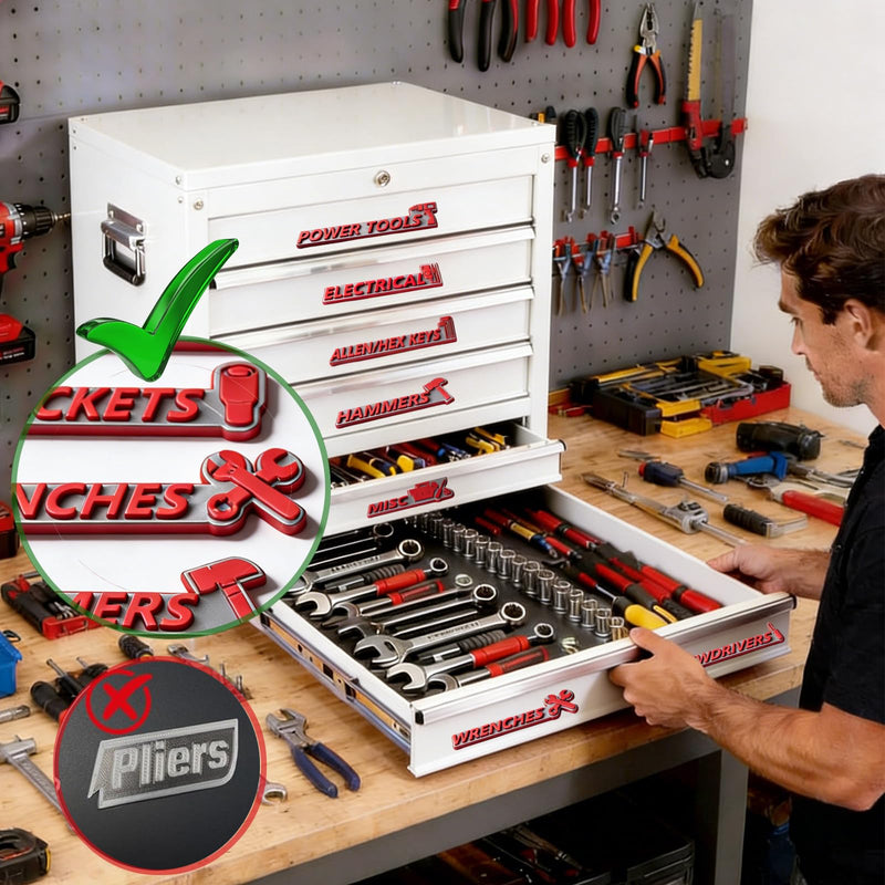 Magnetic Tool Box Labels, 12 PCS 3D Raised Toolbox Drawer Labels with Strong Magnets, Reusable Tool Chest Organizer Labels for Garage Cabinets (Gray Background with red Text) Gray Background With Red Text