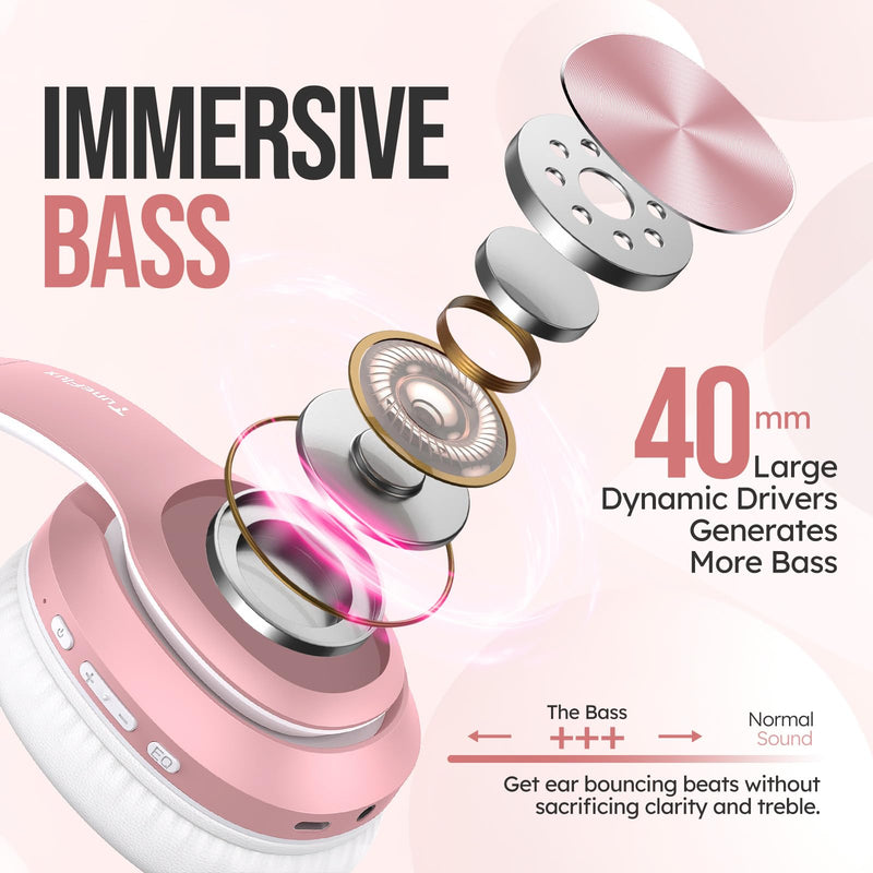 [Australia - AusPower] - Wireless Bluetooth Headphones Over Ear, 80H Playtime, 3EQ Sound Modes, HiFi Stereo Headphones with Deep Bass, Foldable Bluetooth 5.3 Headphones for Smartphone/PC/Computer-Rose Gold Rose Gold 