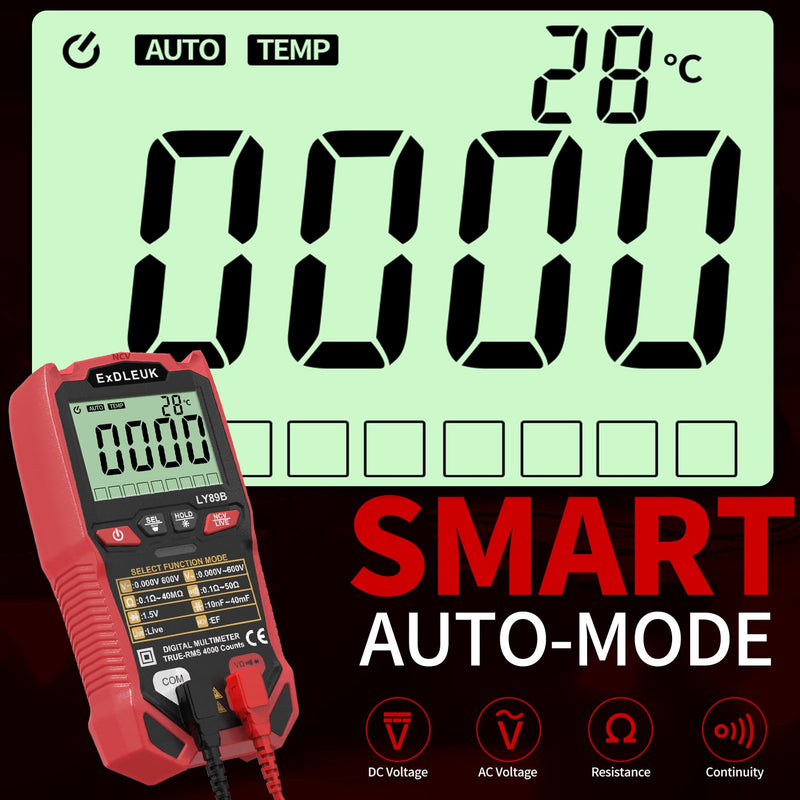 [Australia - AusPower] - Digital Multimeter Voltage Tester, 4000 Counts Smart Measurement Auto-Ranging Volt Meter, Non-Contact Tester Tools, Measures AC/DC Voltage, NCV, Capacitance, Resistance, Diode, Continuity & Live Wire Red 