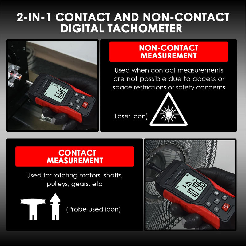[Australia - AusPower] - TEKCOPLUS 2-in-1 Digital Tachometer & 20 Reflective Tapes | Laser/Contact RPM Meter (3-99,999 RPM) | Backlit Gauge for Motors, Cars, HVAC 
