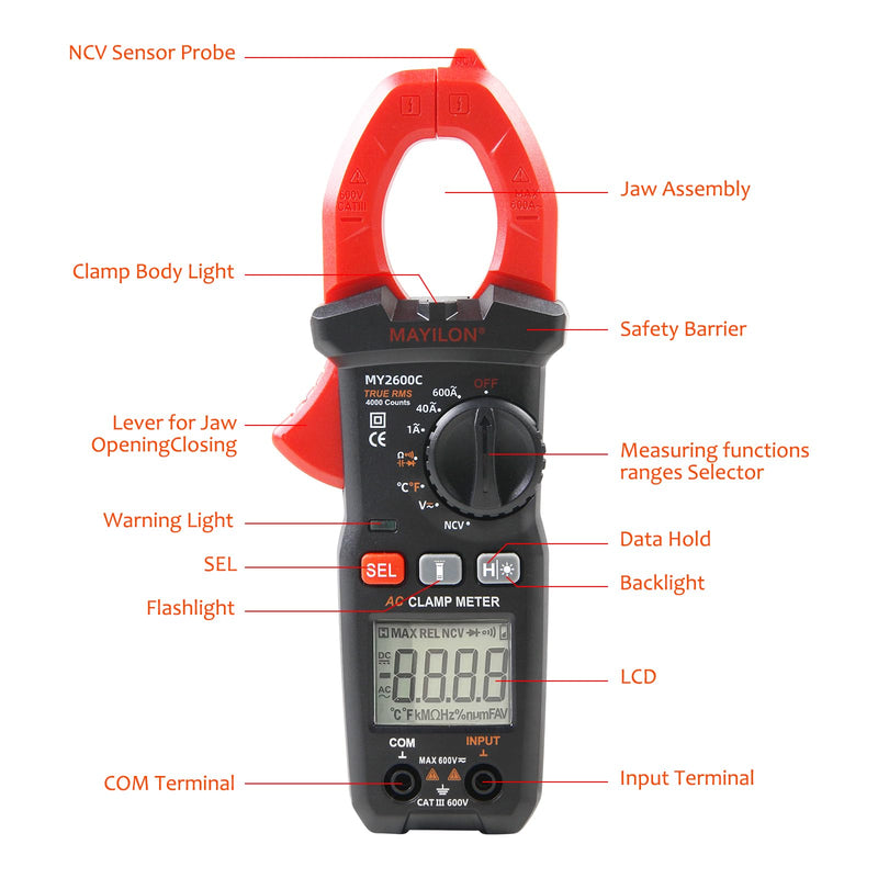 [Australia - AusPower] - MY2600C Clamp Meter AC 600A Amp Meter, 4000 Counts Digital Multimeter Voltage Tester, Measures Temperature, NCV, Voltage and Current Test, Diode, Resistance, Capacitance, Continuity 