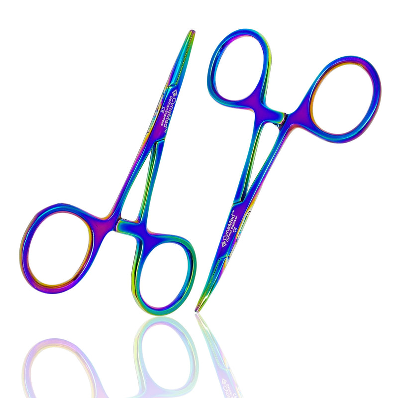 Cynamed Mosquito Hemostatic Forceps with Multicolor/Rainbow Titanium Coating - Premium Quality - Hemostat Clamping Pliers with Serrated Jaws - 3.5 in. (Straight) Straight
