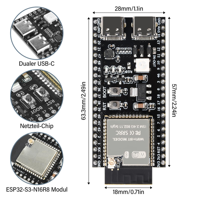Heemol For ESP32 S3 N16R8 DevKitC-1 Modules, for ESP32 S3 Development Boards with WiFi, Bluetooth 5.0 for Arduino, USB C Connectable Pin Headers Not Soldered - Pack of 2