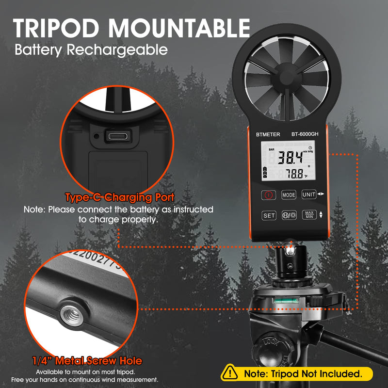 BTMETER Anemometer CFM Wind Meter, Air Flow Gauge Measure Wind Speed 0.3~30m/s, Monitor Airflow Volume 0-999900 ft3/min for HVAC Duct Air Vent, Touch-Screen Windometer 6000GH