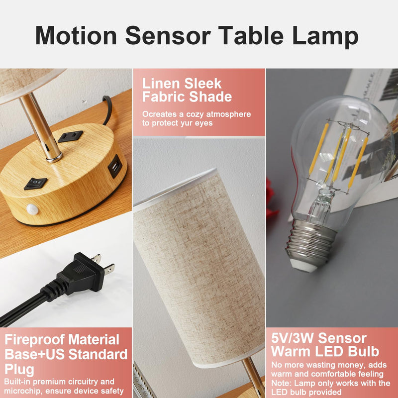[Australia - AusPower] - lifeholder Table Lamp with Motion Sensor or Constant on Mode, USB Lamp Include One LED Bulb, Built in 1 USB Port & 1AC Outlet, Bedside Lamp Idea for Bedroom, Hallway, Bath Room Beige 