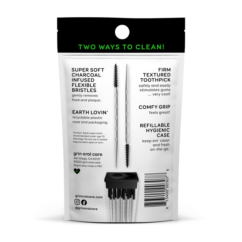 [Australia - AusPower] - Grin Charcoal Infused Softstx, Gentle Dental Picks, 90 Count, Soft Flexible Bristles, Textured Plaque Removing Toothpick, Minty Flavor, for Between Teeth, Refillable Hygienic Case 