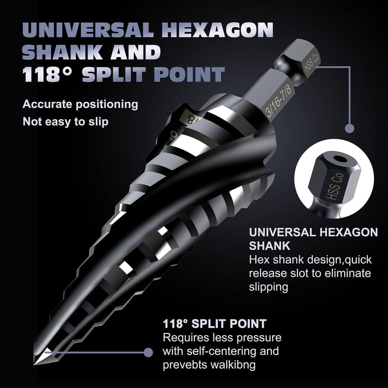 M35 Cobalt Step Drill Bit Set, Four Spiral Flute Cobalt Step Drill Bit, 3/16”-7/8" Impact Unibit Bit,for for Stainless Steel, Wood,Stainless Steel, Wood 3/16”-7/8"