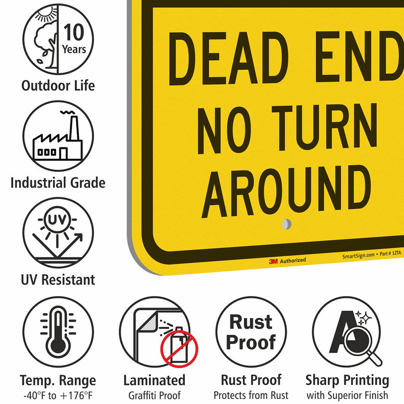 SmartSign 18 x 12 inch “Private Road - Dead End, No Turn Around” Metal Sign, 63 mil Aluminum, 3M Laminated Engineer Grade Reflective Material, Black, Silver and Yellow 12" x 18" 3M EG Reflective Aluminum