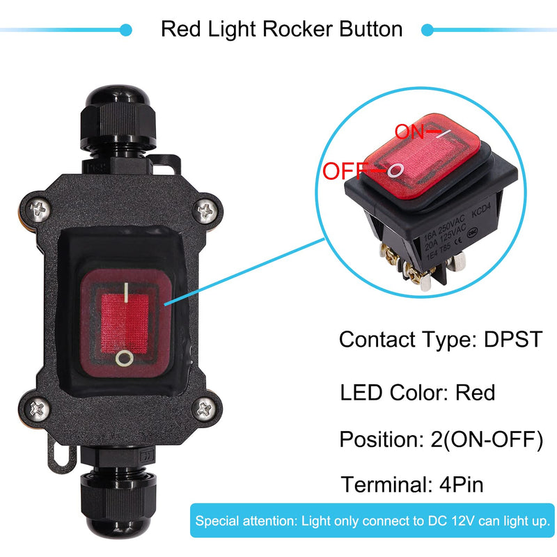 [Australia - AusPower] - IP67 Waterproof Inline Cord Switch 12V DC 20A DPST 4Pin 2 Position On Off Outdoor Toggle Switch with Red Light Rocker Button,Two-Side Entry & Exit Line DC 12-24V 