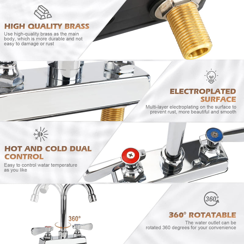 Commercial Bar Sink Faucet 4 Inch Center Deck Mount, 3-1/2" Gooseneck Swivel Spout Hand Sink Faucet, 2 Hole Brass Constructed & Chrome Polished with Dual Lever Handles 4" Center 3-1/2" Spout
