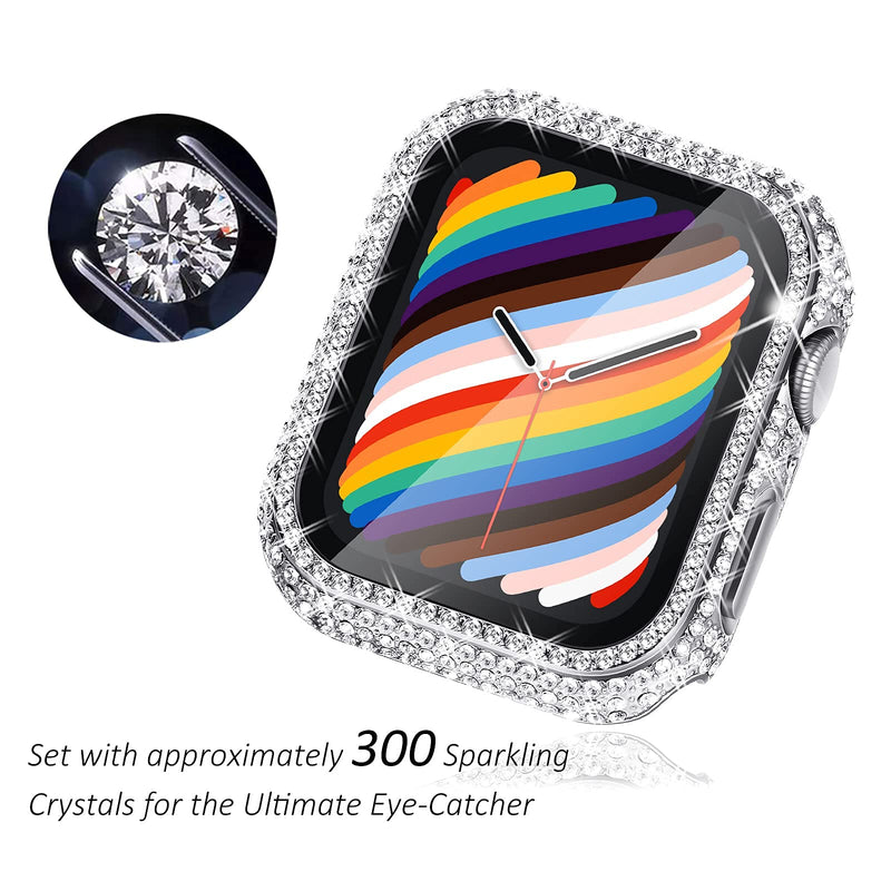 [Australia - AusPower] - Surace Case with Screen Protector Compatible with Apple Watch Series 6/5/4/3/2/1, Bling 300 Crystal Diamond Tempered Glass Protective Cover for 38mm 40mm 42mm 44mm, Silver Silver, with Tempered Glass Screen Protector 