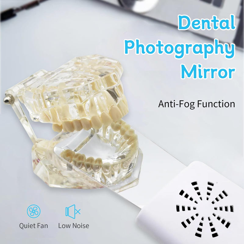 [Australia - AusPower] - Fog-Free Dental Occlusal Photographic Mirror Device with 4 Rhodium Intraoral Reflective Mirrors for Dentistry, Anti-Fog Fan and LED Lighting Handle with Plated Glass Reflectors Oral Inspection Kit 