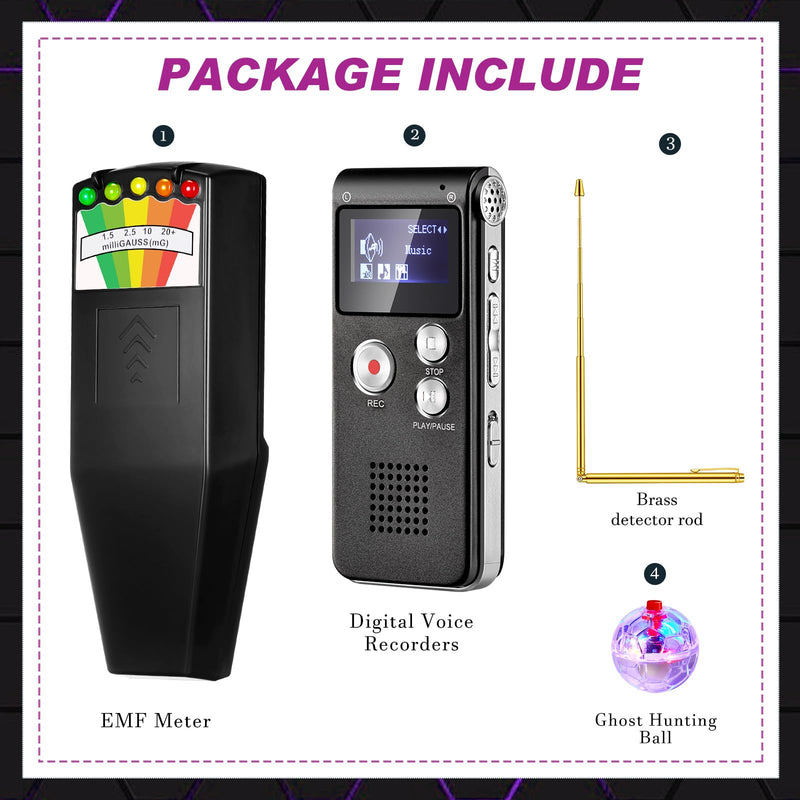 [Australia - AusPower] - Dunzy 8 Pcs Ghost Hunting Equipment Kit Includes 1 Pcs Emf Meter Digital 1 Pcs Voice Recorder 2 Pcs Copper Dowsing Rod and 4 LED Motion Activated Cat Ball Paranormal Equipment Tester for Home Office 