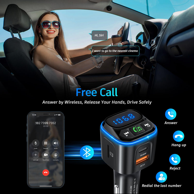 [Australia - AusPower] - Bluetooth 5.3 FM Transmitter Car Adapter [PD36W & QC18W] [Fast Charging] Wireless Radio Adapter HiFi Bass Sound Hands-Free Calling LED Display with Light Switch Support Bluetooth/U Disk/TF Card FT1017-US 