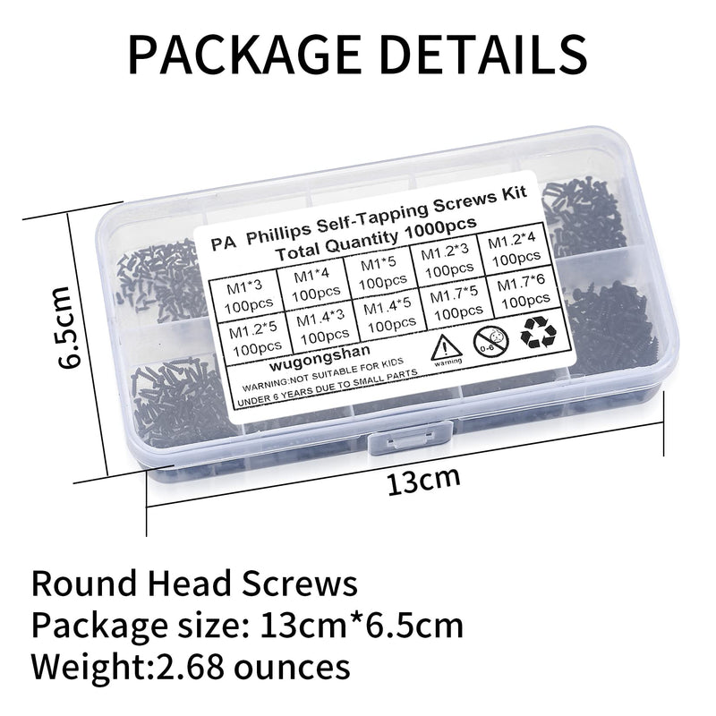 [Australia - AusPower] - 1000 Pcs Small Phillips Pan Head Screws Assortment Kit, Micro Tiny Electronic Self-Tapping Machine Screws for Glasses Watches Phone Electronic Repair Screws 1000 
