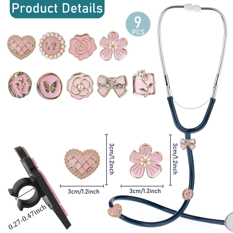 [Australia - AusPower] - Pink Flowers Elegant Stethoscope Charms for Nurse - 9Pcs Pediatric Stethoscopes Decor Personalized Accessories, Gift for Doctor & Veterinarian, Medical Worker Nursing Graduation Pink flower 