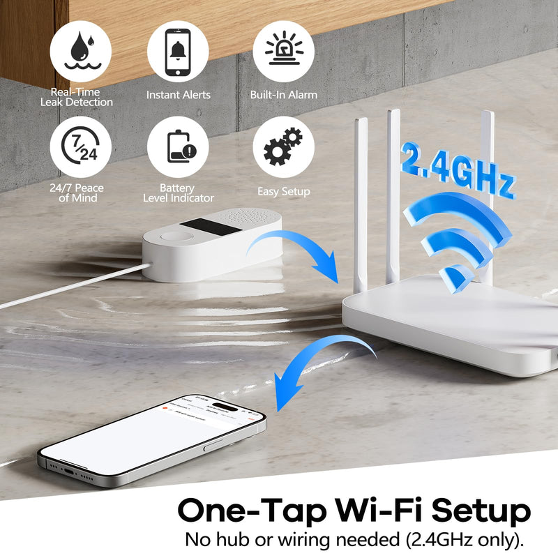 WiFi Water Leak Detector 4 Pack - Smart Water Leak Sensors with Tuya App Alerts, 130dB Loud Siren, 39" Extended Probe, Battery Powered, No Hub Required for Kitchen Bathroom Basement Laundry Room 4-Pack