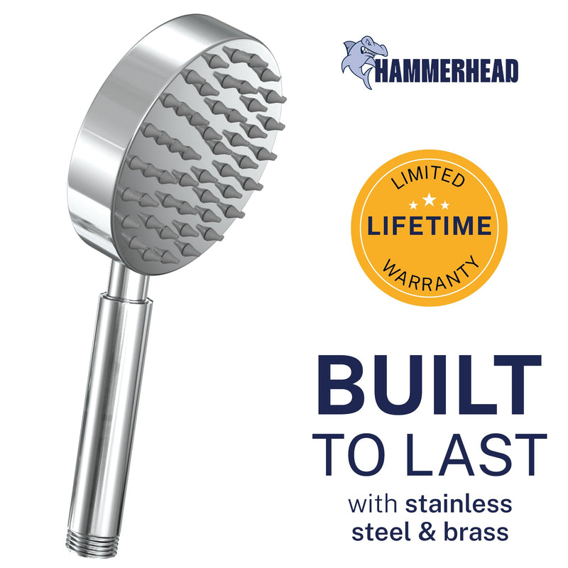 HammerHead Showers® Solid Metal Hand Held Shower Head - CHROME - 2.5 GPM High Pressure Shower Heads 4 Inch Spray Wand | Made from 304 Stainless Steel with Silicone Nozzles Polished Chrome