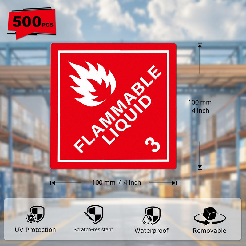 500 PCS Hazard Class 3 DOT Flammable Liquids Placard 4 × 4 Inches Waterproof Vinyl Self Adhesive Roll Stickers Removable Labels for Shipping Transportation Storage