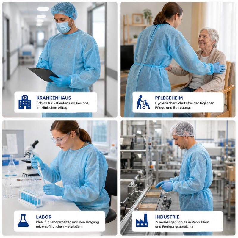 10 x Disposable Protective Gown Blue - Visitor Gowns Made of PP Fleece 18 g/m² - Non-Sterile Disposable Gown with Ties & Elastic Cuffs - Medical Device Class 1 for Care, Laboratory & Hospital