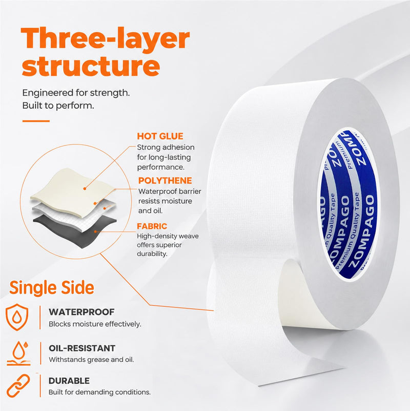 ZOMPAGO Strong Adhesive Cloth Weather Stripping Tape for Sliding Windows and Door Frames - 2Roll,1.8inx33FT,White,Seal Strip for Soundproofing,Dustproof, Waterproof,and Windproof-Durable 2 Roll, 1.8 in x 33 FT, White