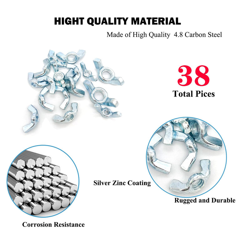 [Australia - AusPower] - 38 Pcs 5 Sizes 5/32",3/16",1/4",5/16",3/8" Wingnuts, Quality Carbon Steel Wing Nuts Zinc Plated Fasteners Parts Butterfly Nut, Hand Twist Tighten Hardware Nuts Butterfly Wing-Nut Assorted Kit 5 Sizes-38 Pcs 