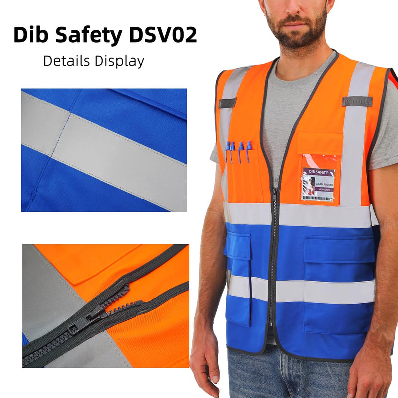 Dib Safety Reflective Safety Vest for Men Women, High Visibility Vest with Pockets and Zipper, ANSI Class 2 X-Large Orange & Blue